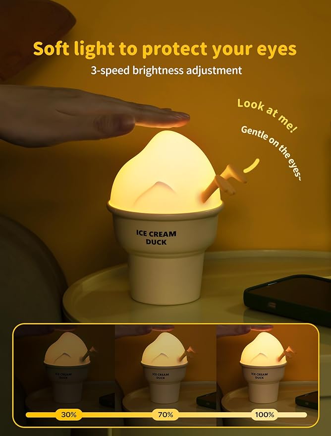 Night Light for Kids, Rechargeable Bedside Touch Lamp, Portable Dimmable Nightlight, Cute Lamp Gifts for Baby, Teens, Adults, Table Decor for Bedrooms, Office(Ice Cream Duck)
