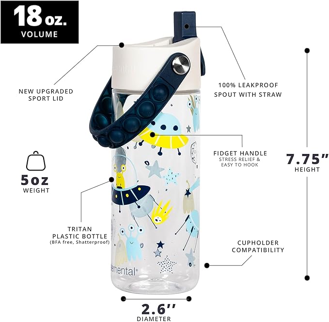 Elemental Water Bottles for Kids - Splash Kids Water Bottle for School with Pop-it Handle - BPA Free Tritan Plastic Water Bottle with Straw Leak Proof when Spout is Closed - Alien Invasion - 18oz
