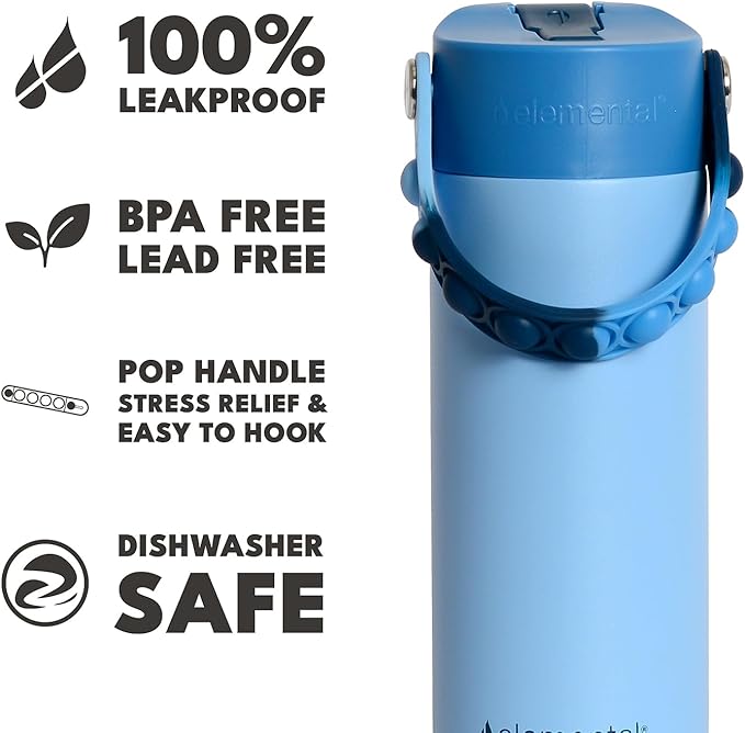 Elemental Insulated Kids Water Bottle, Stainless Steel Water Bottle with Straw Lid & Pop-It Handle, Leak-Proof Water Bottles for School, Boys or Girls, Travelling and Sports, 18oz - Ocean Tie Dye