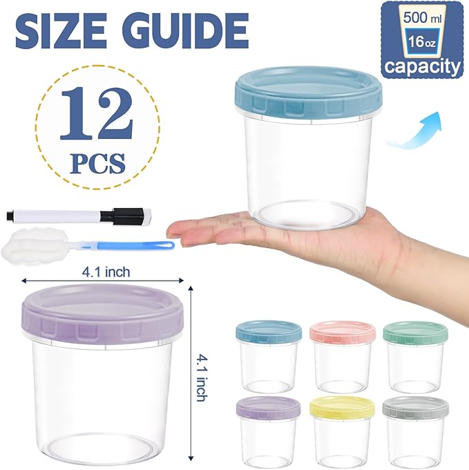 Yomarket 12pcs 16 oz Plastic Deli Containers with Screw Lids, Small Freezer Container Reusable 2 Cup Food Storage Container with Pen & Brush for Snack Salad Fruit, Microwave & Dishwasher Safe BPA Free