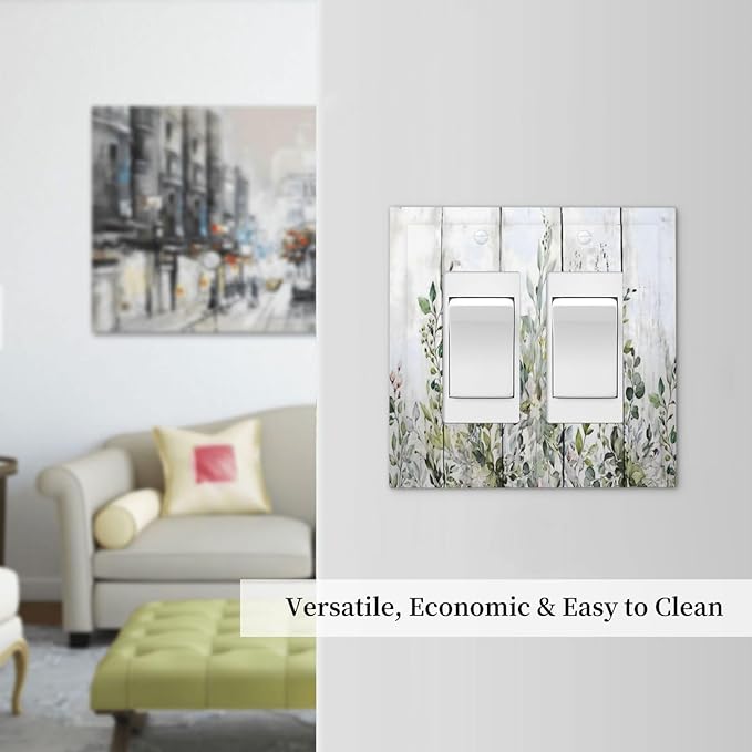 Sage Green Eucalyptus Rustic Country Botanical Leaf Flower Decorative Outlet Covers 2 Gang Double GFCI Rocker Electrical Wall Panels Light Switch Cover Plate for Farmhouse Bedroom Decor
