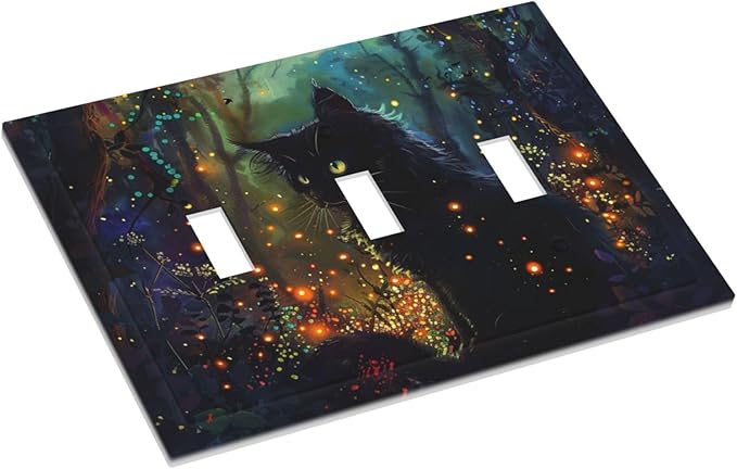 Light Switch Cover Plate Magic Fantasy Forest Mysterious Black Cat 3 Gang Triple Toggle Decorative Switch Plates Wall Plates Electrical Switchplate Faceplate for Kid Room Bathroom Decor