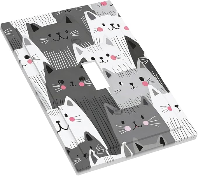 Cute Monochrome Cats 1-Gang Toggle Light Switch Plate, Funny Cat Decorative Wall Plate for Kids Bedroom