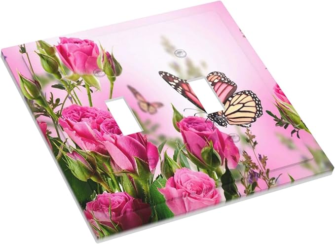 Floral Pink Roses Butterfly Flowers Bouquet Blossom Love Romance Petal 2 Gang Double Toggle Light Switch Cover Decorative Wall Plate Faceplate Butterfly Floral Girls Bathroom Home Living Room Decor
