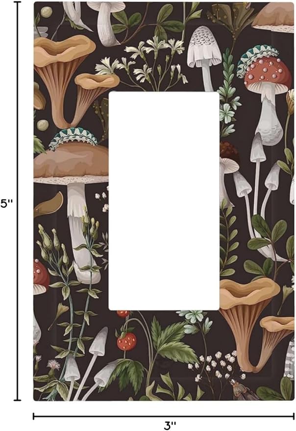 1 Gang Electrical Decora/GFCI Device Wallplate Funky Retro Vintage 70s 60s Boho Hippie Mushroom Botanical Floral Single Decorator Rocker Outlet Light Switch Cover Electrical Faceplate Dimmer
