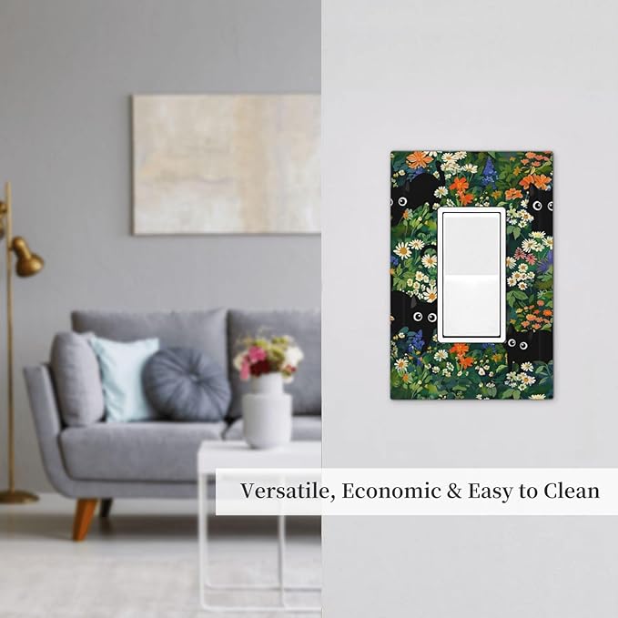 Funny Chic Cartoon Boho Cute Black Cat 1-Gang Decorator Rocker Outlet Light Switch Cover Green Floral Flower Kid Boys Vintage Decorative Single Device GFCI Receptacle Switch Wall Plate Dimmer Mid Size