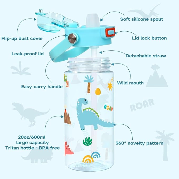 Queenshin Kids Dinosaur Water Bottle 20oz BPA Free Tritan Boys Girls School Outdoor Sports Leak Proof Water Cup with Straw Lid Handle Pop-Up Spout Cover