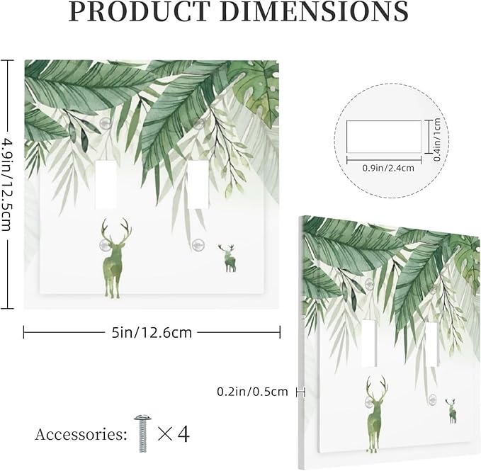 Deer Banana Leaves Palm Trees Green Plants Decorative Switch Plates 2 Gang Double Toggle Outlet Light Switch Cover Wall Plate Electrical Faceplate for Bed Room Living Room Decor