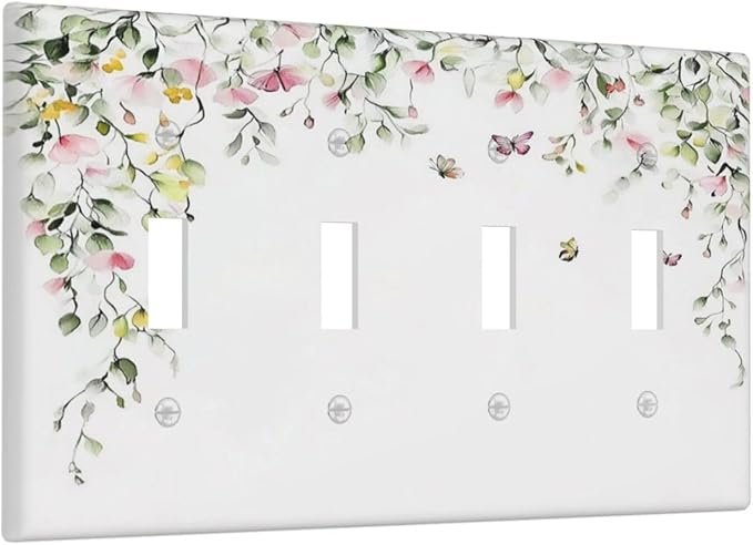 Watercolor Flowers Vine Colorful Butterfly Floral Light Switch Covers Quad Toggle Electrical Faceplate 4 Gang Wall Plate Decorative Switch Plates For Bed Room Living Room Decor
