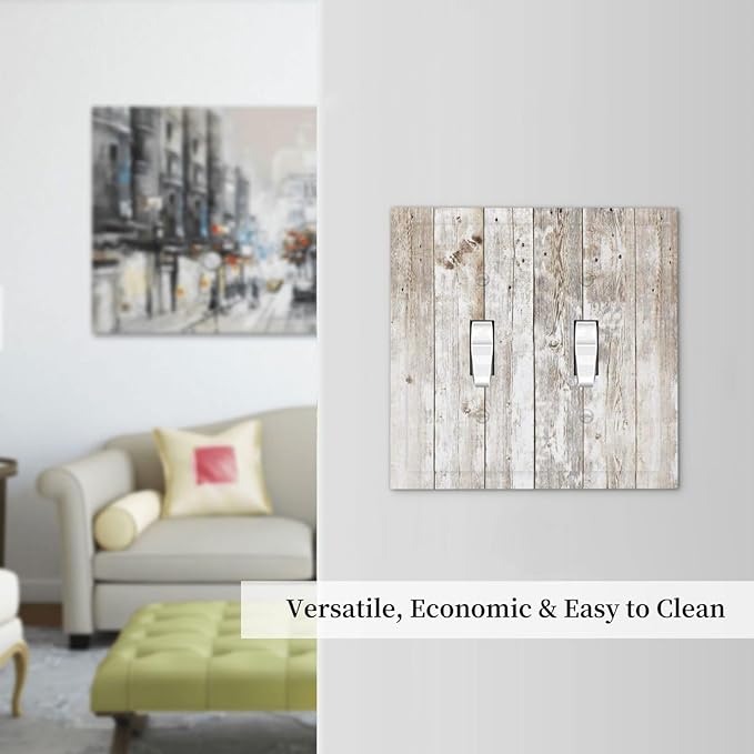 Vintage Light Wood Retro Rustic White Gray Oak Print Decorative Switch Plates 2 Gang Double Toggle Outlet Light Switch Cover Wall Plate Electrical Faceplate for Farmhouse Home Decor