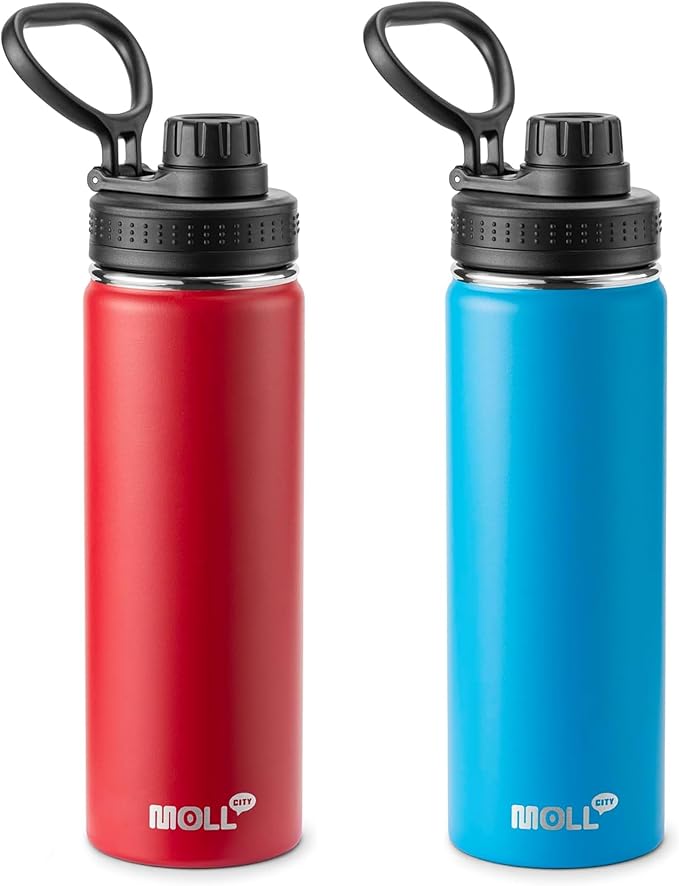 22 oz Water Bottle Stainless Steel Vacuum Insulated Wide Mouth Sports Flask, 2 Pack Water Bottle with Leakproof Spout Lid (Canyon Red-Sky Blue)