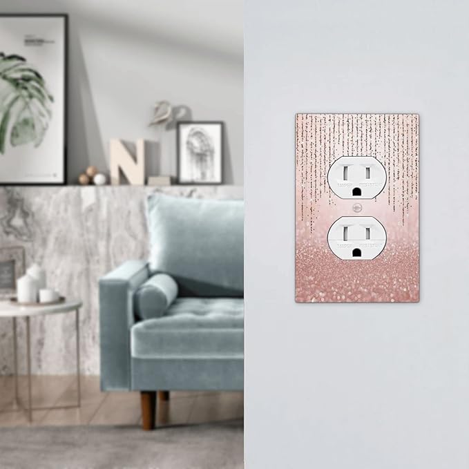 Beautiful Pink Glitter Rose Gold Glitter 1 Gang Duplex Light Switch Cover Decorative Outlet Covers Wall Plate Electrical Faceplate Receptacle Switchplate Girls Ladies Women Bathroom Kitchen Home Decor