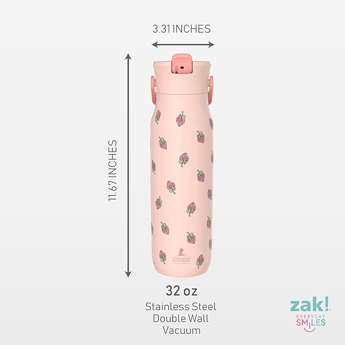Zak Designs Harmony Water Bottle Benefiting St. Jude, For Travel or At Home, 32oz Stainless Steel is Leak-Proof When Closed and Vacuum Insulated with Straw Lid and Carry Handle (Strawberry)
