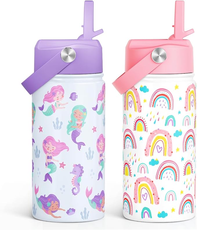 SANDJEST Kid Water Bottle 12oz with Straw Lid - 2-Pack Insulated Stainless Steel Water Bottles for Kids Girls - Travel Cup for School Sports, Rainbow & Mermaid