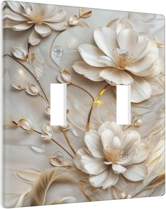 Decorative Art Light Switch Covers Elegant White and Gold Florals 2 Gang Double Toggle Wall Plate Decorative Switchcover Electrical Switchplate for Home Decor