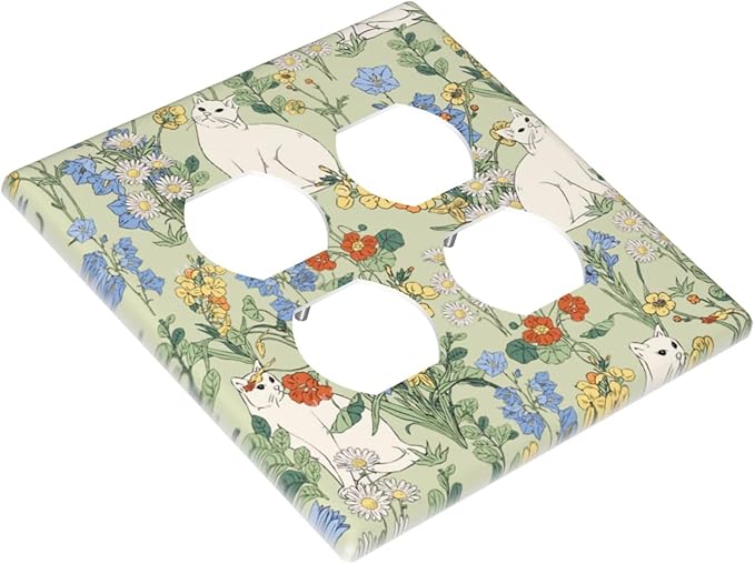 Outlet Covers Vintage Floral Cute Cat Colorful Flowers 2 Gang Double Duplex Decorative Light Switch Covers Electrical Wallplates Socket Faceplate For Bed Room Living Room Decor