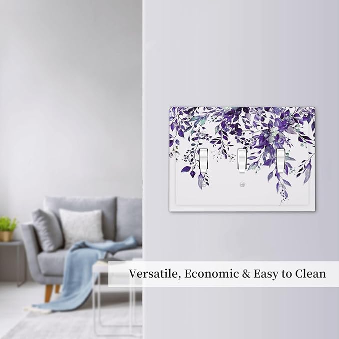 Decorative Light Switch Cover Plate Purple Eucalyptus Boho Olive Leaves Country Unique 3 Gang Wall Plate Switch Plate Covers Triple Toggle Jumbo Electrical Faceplate for Bedroom Decor