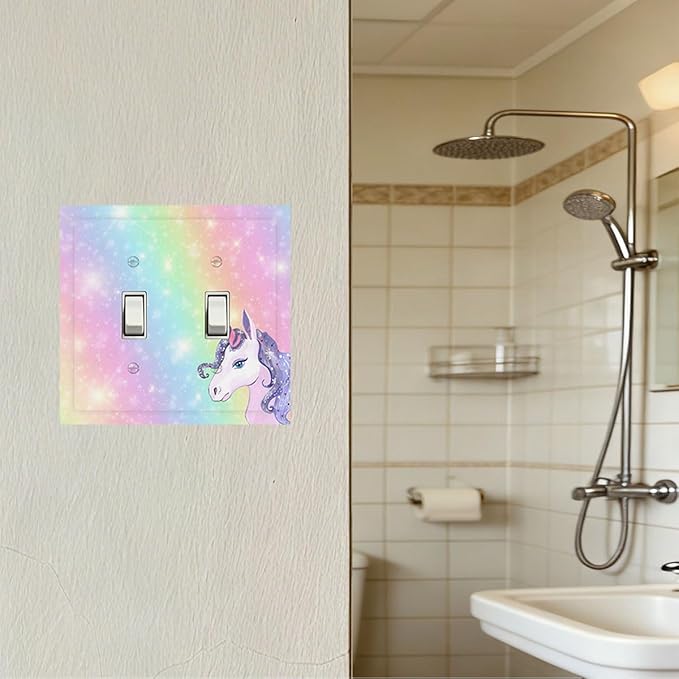 Rainbow Unicorn Double Toggle Switch Cover - 2-Gang Standard US Size Pastel Galaxy Sparkle Light Switch Covers, Magical Fantasy for Boys & Girls Bedroom