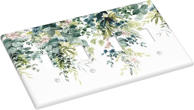 Colorful Plant Flower Sage Eucalyptus Leaves Light Switch Covers Quad Toggle Electrical Faceplate 4 Gang Wall Plate Decorative Switch Plates Cover for Bedroom Living Room Decor