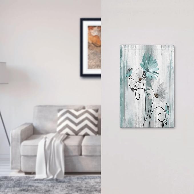 Teal Daisy Vintage Flower Butterfly Rustic Wood Print Light Switch Cover Plate 1 Gang No Device Blank Electrical Wall Plates Faceplate Decorative Switch Plate for Farmhouse Home Decor