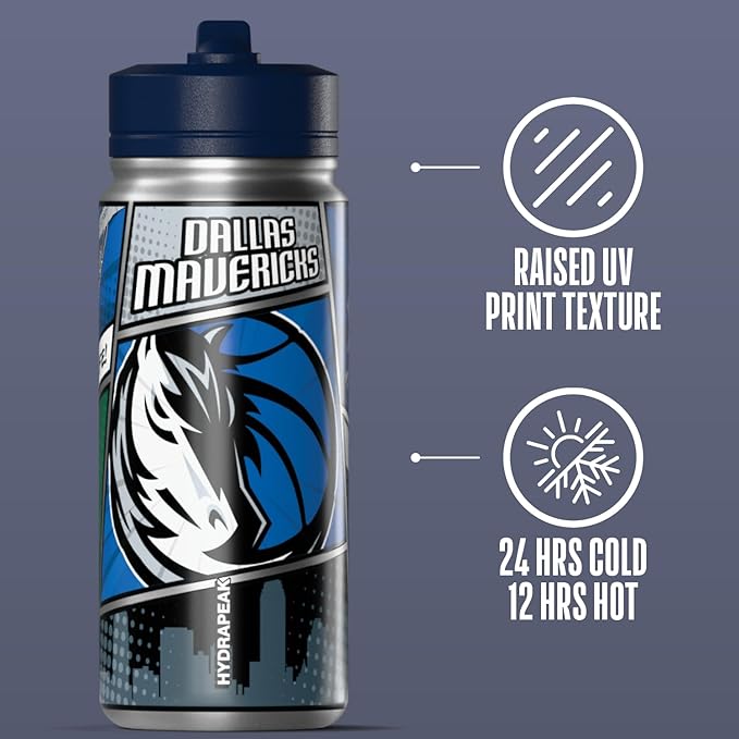 Hydrapeak x NBA Dallas Mavericks 20 oz Stainless Steel Water Bottle, Officially Licensed Double Wall Insulated Sports Bottle with Straw Lid, Reusable Leakproof Gift for Kids & Adults