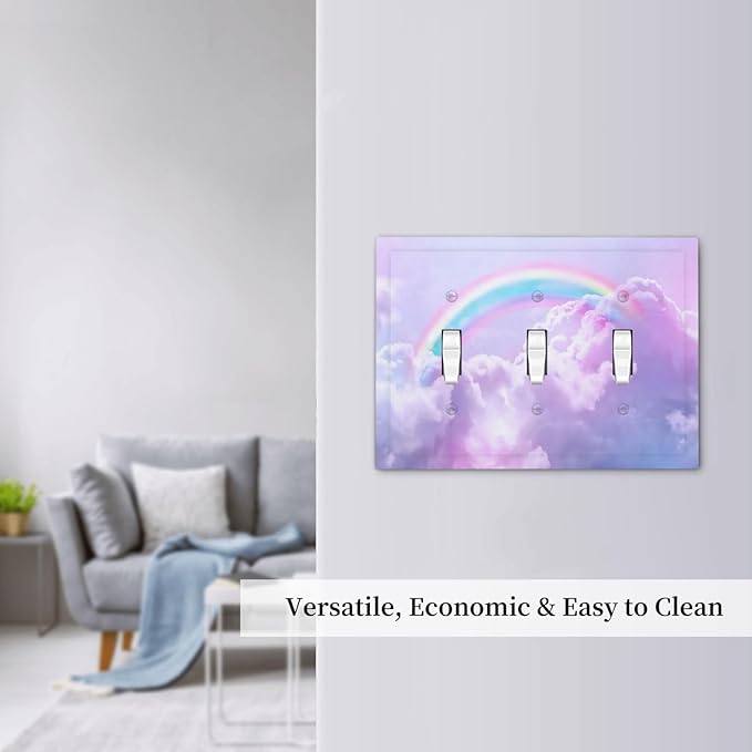 Rainbow in the Clouds Triple Toggle Wall Plates Pink Art Panel 3 Gang Light Switch Cover Decorative Purple Cloud Electrical Switchplate Faceplate Cute Dimmer for Bedroom Kidroom Nursery Decor