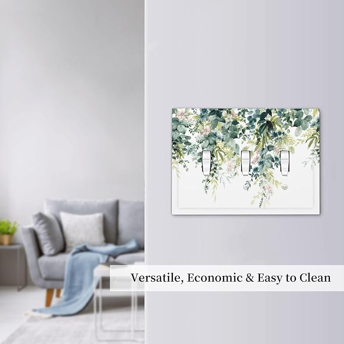 Colorful Plant Flower Sage Eucalyptus Leaves Decorative Switch Plates 3 Gang Wall Plate Triple Toggle Light Switch Cover Faceplate Electrical Wall Panels for Bedroom Living Room Decor