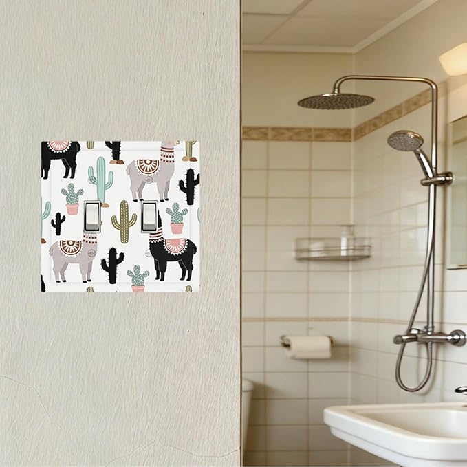 Playful Llamas & Cactuses Desert Pattern Double Toggle Switch Cover - 2-Gang Standard US Size Bohemian Desert Animals Light Switch Covers for Boys & Girls Bedroom Playroom Decor