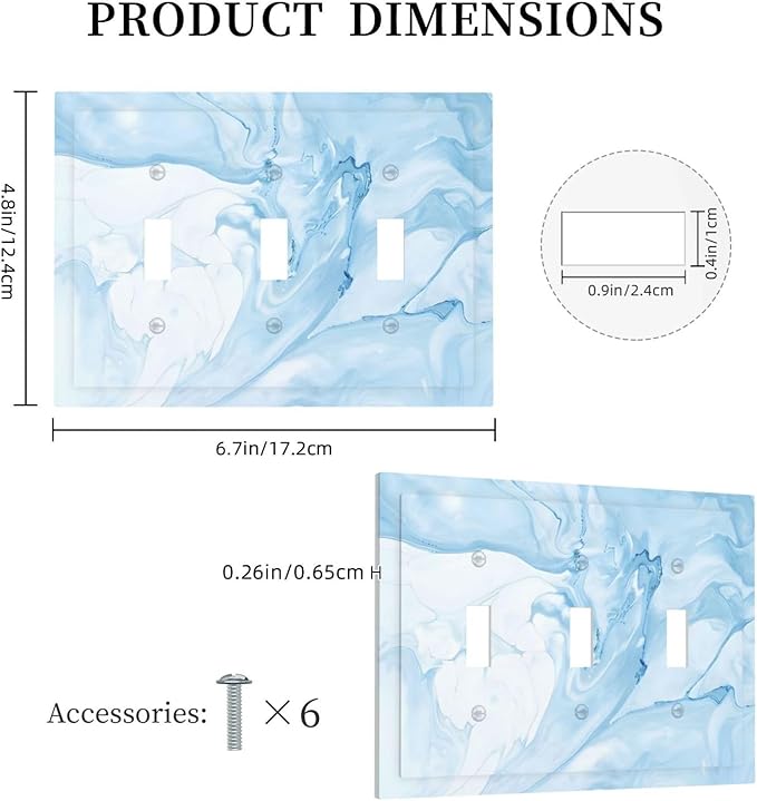Navy Blue Sea Waves Spilled Ink Marble Simplicity Print Decorative Switch Plates 3 Gang Wall Plate Triple Toggle Light Switch Cover Faceplate Electrical Wall Panels for Bathroom Living Room Decor