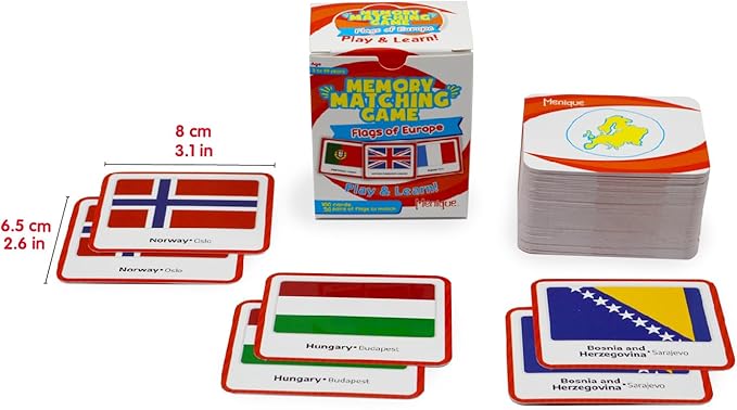 Menique Flags of Europe Memory Matching Game – 100 Cards (50 Pairs) with Flag, Country & Capital – Educational Geography Game for Kids and Adults