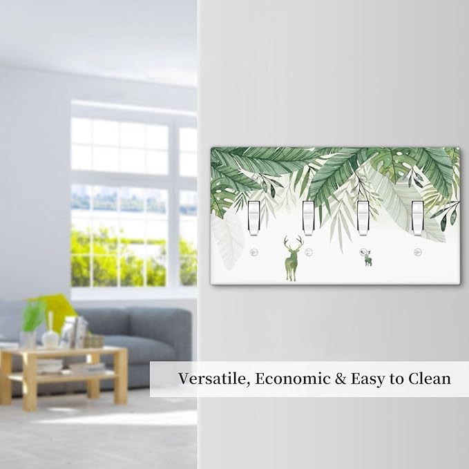 Deer Banana Leaves Palm Trees Green Plants Light Switch Covers Quad Toggle Electrical Faceplate 4 Gang Wall Plate Decorative Switch Plates for Bed Room Living Room Decor
