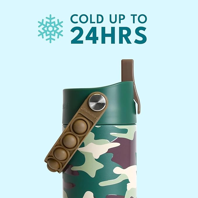 Elemental Insulated Kids Water Bottle, Stainless Steel Water Bottle with Straw Lid & Pop-It Handle, Leak-Proof Water Bottles for School, Boys or Girls, Travelling and Sports, 18oz - Green Camo