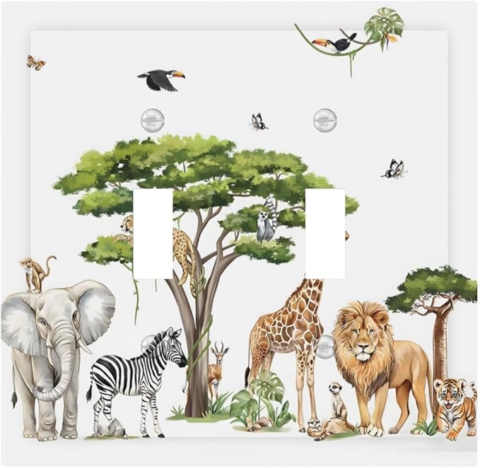 Large Animals Elephant Giraffe Jungle Lion Leopard Zebra Decorative Switch Plates 2 Gang Double Toggle Outlet Light Switch Cover Wall Plate Electrical Faceplate for Kids Room Nursery Decor