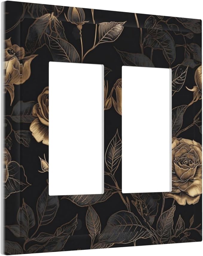 Black Floral Dark Vintage Gold Rose Flower Decorative Outlet Covers 2 Gang Double GFCI Rocker Electrical Wall Panels Light Switch Cover Plate for Bedroom Living Room Decor