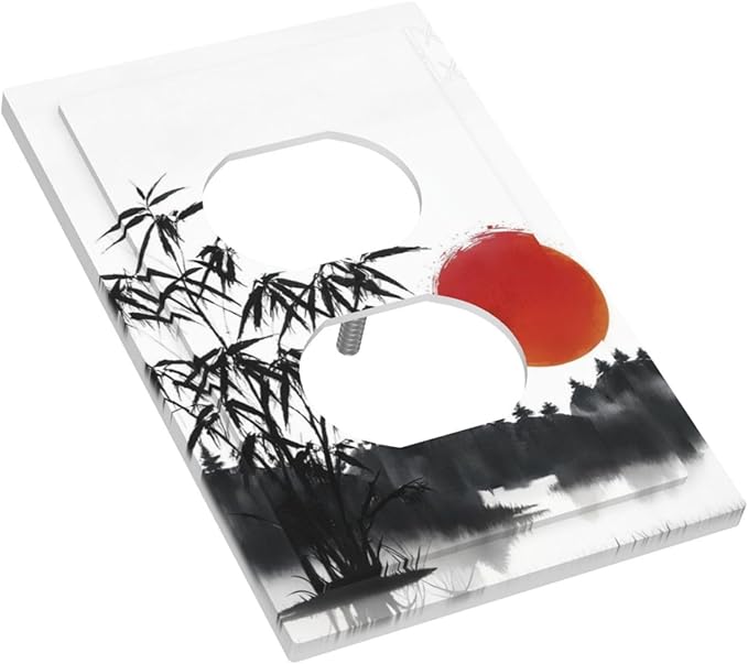 Decorative Outlet Covers Artistic Describe Black Bamboo Japanese Red Sun 1 Gang Wall Plate Receptacle Duplex Light Switch Cover Plate Single Dual Plug Covers Electrical Switchplate