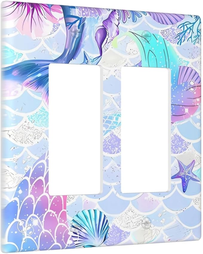 Mermaid Girl Light Switch Cover Plates Decorative 2 Gang Double Rocker Wall Plate Electrical Switchpalte Faceplate for Kid Bedroom Home Bathroom Decor 4.5" x 4.5"