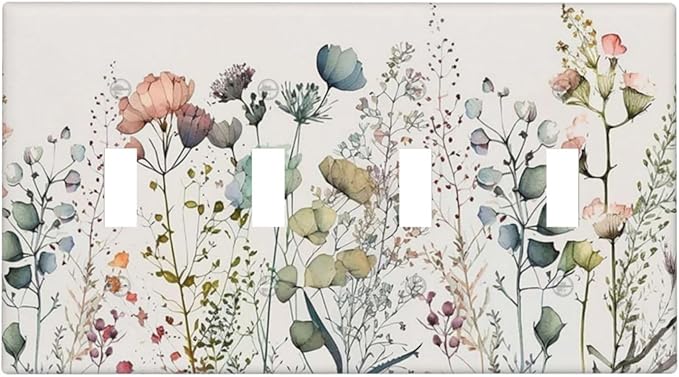 Beige Wild Flower Floral Blossom Decorative 4 Gang Quad Toggle Light Switch Cover Electric Large Size Quadruple Faceplate Decorative Switch Face Wallplate