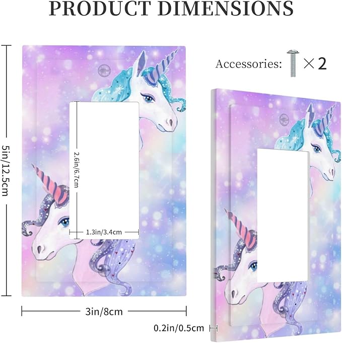 Cartoon Kids Girls Girly Fantasy Cute 1-Gang Decorator Rocker Outlet Light Switch Cover Purple/Blue Rainbow Unicorn Princess Decorative Single Device GFCI Receptacle Switch Wall Plate Dimmer Mid Size