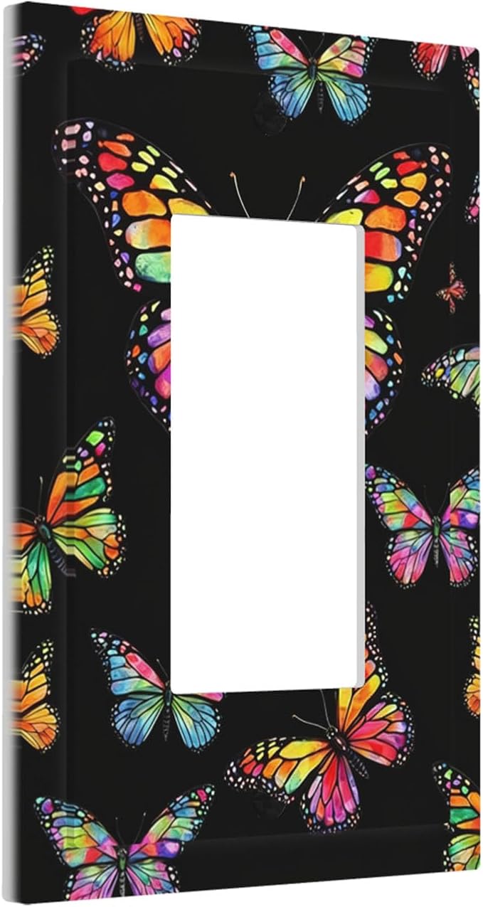 Vibrant Rainbow Butterflies on Black Single Rocker Switch Cover - 1-Gang Standard US Size Enchanted Garden Butterfly Light Switch Covers for Bedroom Decor