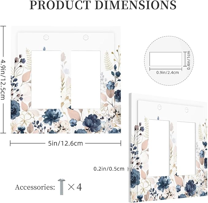 Blue Flora Boho Vintage Flower Golden Leaves Decorative Outlet Covers 2 Gang Double GFCI Rocker Electrical Wall Panels Light Switch Cover Plate for Bedroom Living Room Decor
