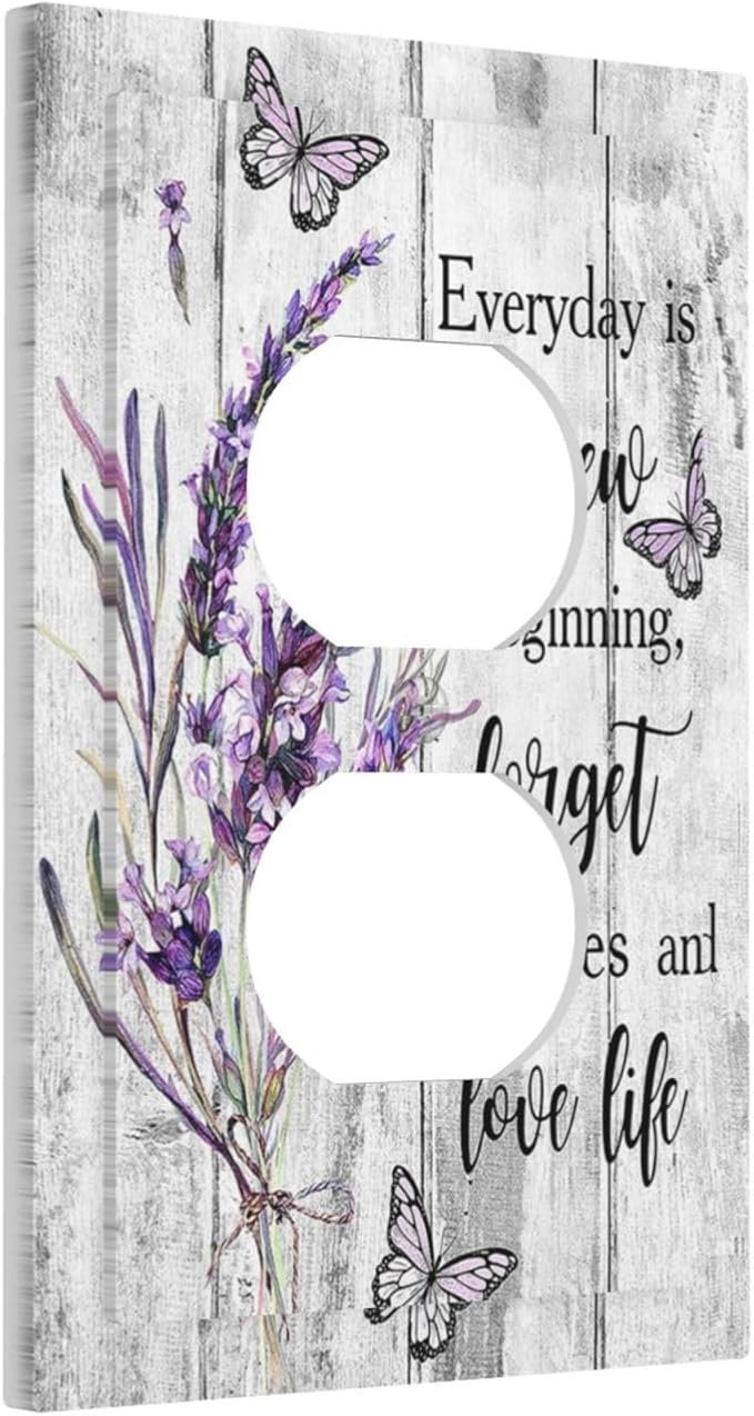 Outlet Covers Purple Lavender Flower Butterfly on Wood Plank 1 Gang Duplex Light Switch Cover Plate Inspirational quotation Floral Decorative Wall Plates Electrical Switchplate Receptacle Cover
