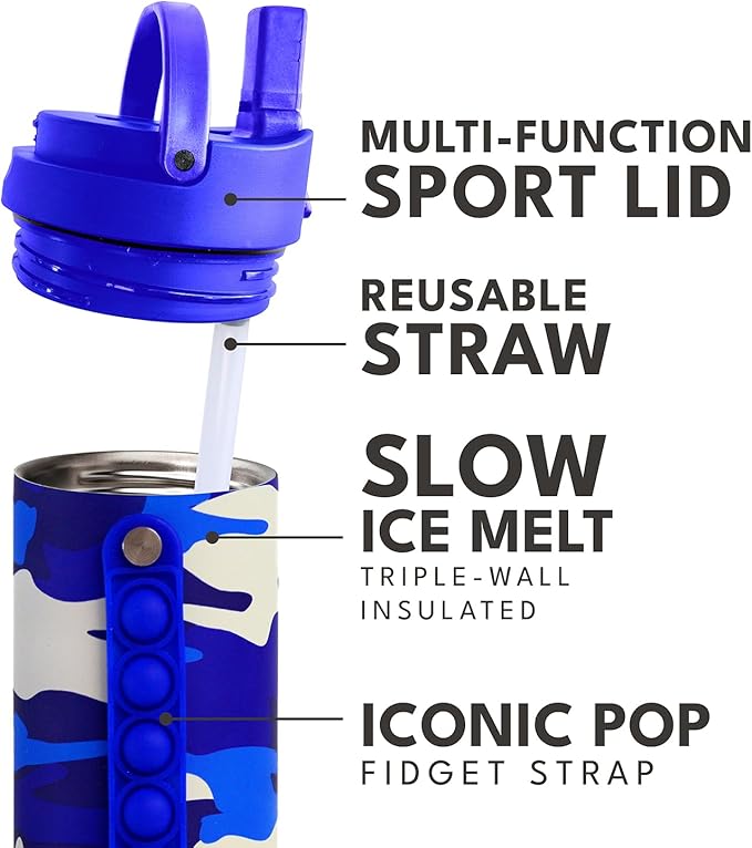 Elemental Iconic Kids Water Bottle with Straw Lid & Stress Reliever Pop It Handle, Leak-Proof When Closed, Triple Insulated Stainless Steel Reusable Thermos Water Bottle, 20oz - Blue Camo