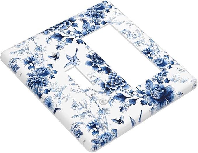 Blue Flower White Floral Plant Bird Butterfly Outlet Covers 1 Toggle 1 Rocker Combination Decorative Wall Plate Electrical Switch Plates Light Switch Cover Plate for Bedroom Living Room Decor
