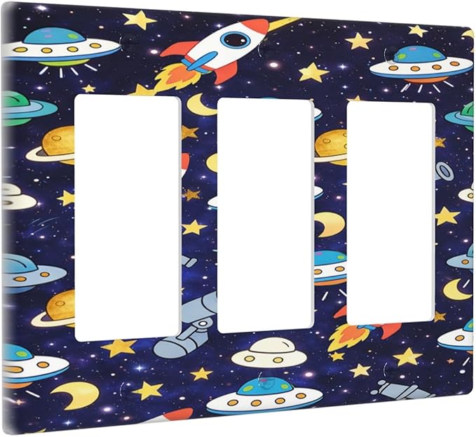Decorative Outlet Covers Navy Blue Space-themed Rocket Spaceship 3 Gang Light Switch Cover Plate Triple Rocker Wall Plates for Electrical Switch Plate Covers for Children's Room Decor