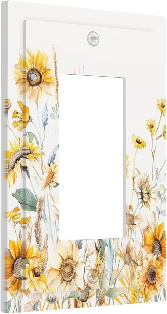 Yellow Floral Sunflowers Wheat Ears Watercolor Wild Flowers Decorative Outlet Covers 1 Gang Single Rocker Light Switch Cover Plate Wall Plates GFCI Faceplate for Bedroom Living Room Decor