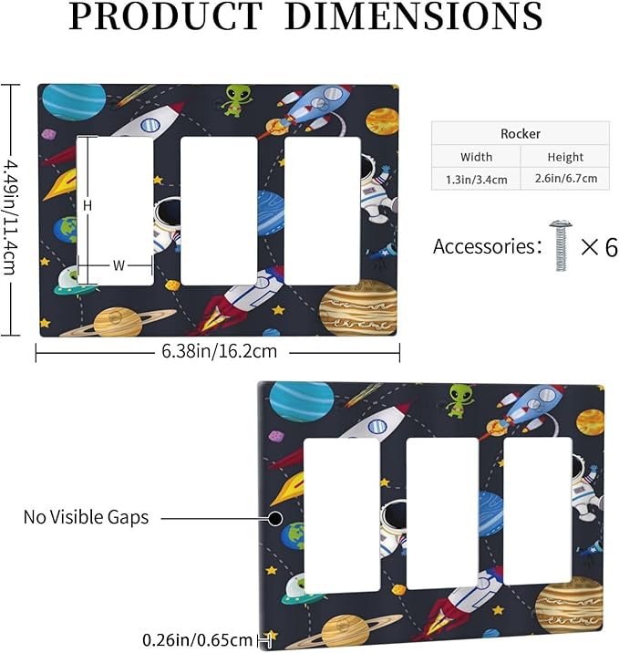 Rocket Planets Astronaut Blue Decorative Triple Rocker Light Switch Covers 3 Gang Outlet Wall Plate Cover Decorative Switchplate Faceplate GFCI for Nursery Kidsroom Bedroom Decor
