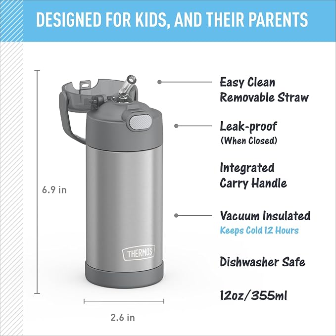 THERMOS FUNTAINER Water Bottle with Straw - 12 Ounce - Kids Stainless Steel Vacuum Insulated Water Bottle with Lid, Grey