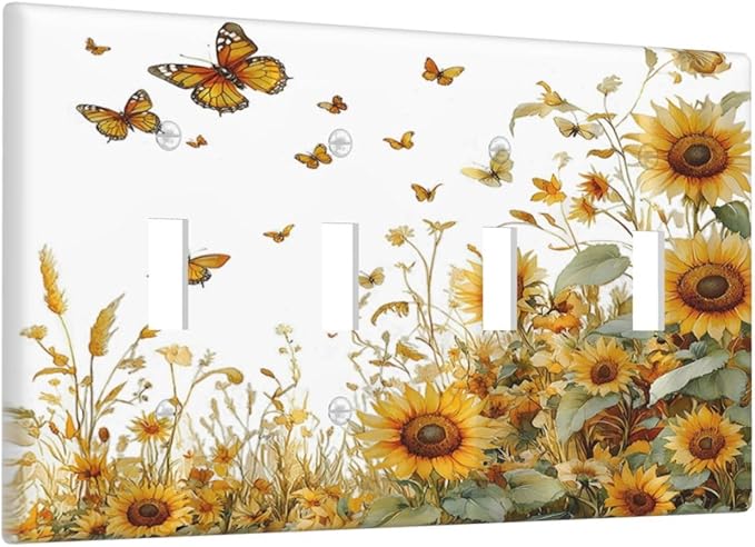 Sunflower Gold Wildflowers Summer Butterfly Light Switch Covers Quad Toggle Electrical Faceplate 4 Gang Wall Plate Decorative Switch Plates Cover for Bedroom Living Room Decor