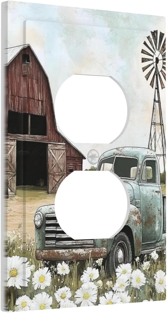 Retro Trucks Old Barn Windmill Teal Car Rustic Outlet Covers 1 Gang Duplex Light Switch Cover Decorative Switch Plates Electrical Receptacle Faceplate Wall Plate for Farmhouse Home Decor
