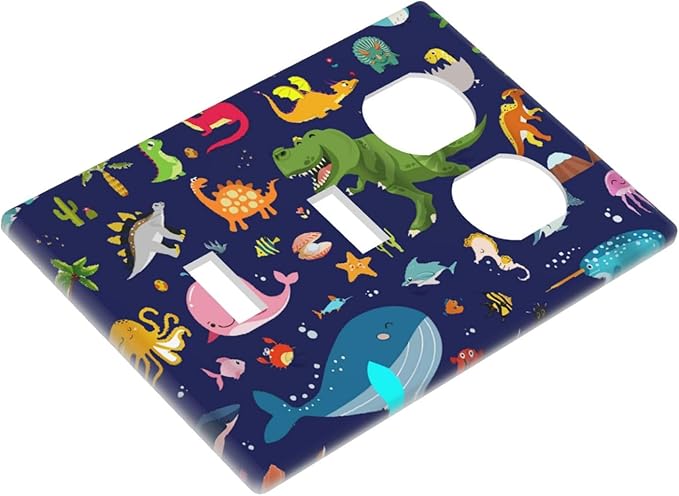 Cute Ocean Dolphin Marine Animal Kids 3-Gang 2-Toggle 1-Duplex Device Combination Wall Plate Funny Blue Dinosaur Decorative Combo Double Toggle/Single Duplex Receptacle Outlet Light Switch Cover Plate